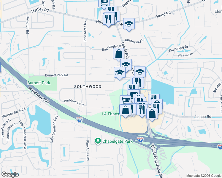 map of restaurants, bars, coffee shops, grocery stores, and more near 4112 Livingston Road in Jacksonville