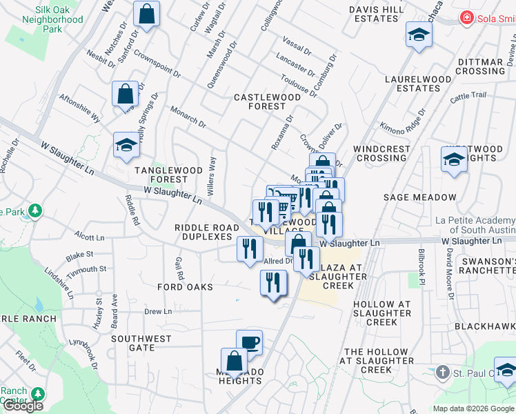 map of restaurants, bars, coffee shops, grocery stores, and more near 9901 Roxanna Drive in Austin