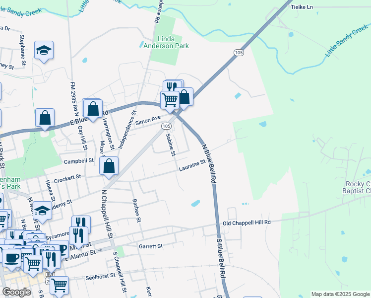 map of restaurants, bars, coffee shops, grocery stores, and more near 709 Brown Street in Brenham