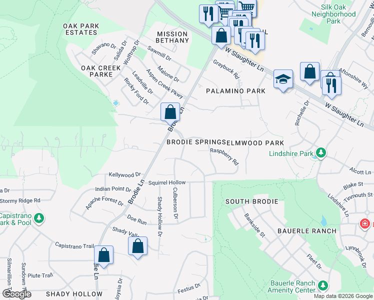 map of restaurants, bars, coffee shops, grocery stores, and more near 10509 Brodie Springs Trail in Austin