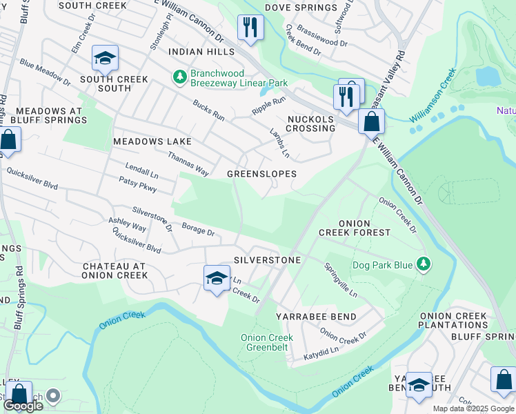 map of restaurants, bars, coffee shops, grocery stores, and more near 7051 Meadow Lake Boulevard in Austin