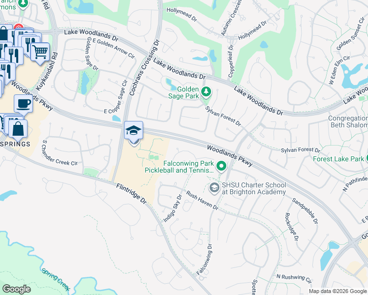 map of restaurants, bars, coffee shops, grocery stores, and more near 70 North Indigo Circle in The Woodlands