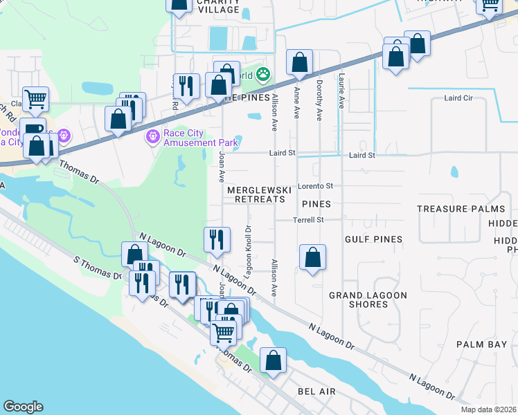 map of restaurants, bars, coffee shops, grocery stores, and more near 9017 Houston Street in Panama City