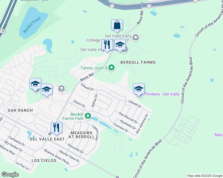 map of restaurants, bars, coffee shops, grocery stores, and more near 13128 Dearbonne Drive in Del Valle