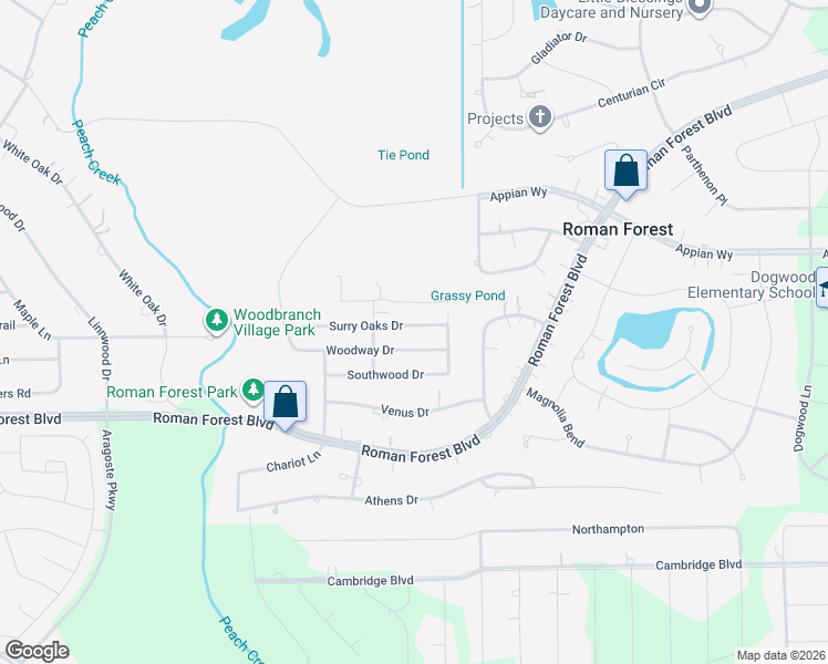 map of restaurants, bars, coffee shops, grocery stores, and more near 2102 Surry Oaks Drive in New Caney