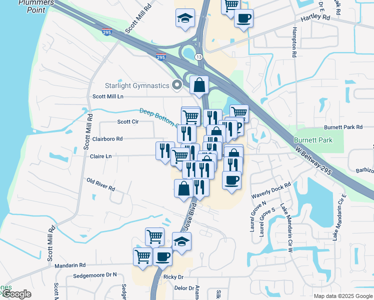 map of restaurants, bars, coffee shops, grocery stores, and more near 10950 San Jose Boulevard in Jacksonville