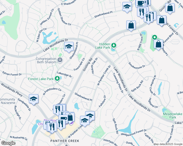 map of restaurants, bars, coffee shops, grocery stores, and more near 21 Hickory Oak Drive in Spring