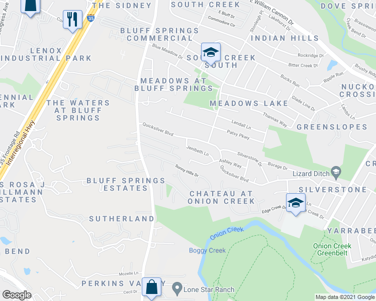map of restaurants, bars, coffee shops, grocery stores, and more near 2311 Jenibeth Lane in Austin