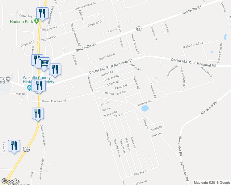 map of restaurants, bars, coffee shops, grocery stores, and more near 60 Homan Point Avenue in Crawfordville