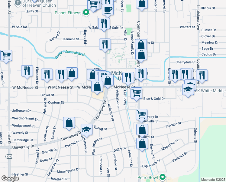 map of restaurants, bars, coffee shops, grocery stores, and more near 300 East McNeese Street in Lake Charles