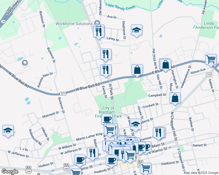 map of restaurants, bars, coffee shops, grocery stores, and more near 104 Jeffries Street in Brenham
