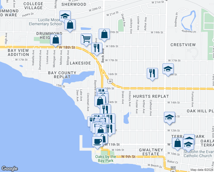 map of restaurants, bars, coffee shops, grocery stores, and more near 2901 U.S. 98 in Panama City