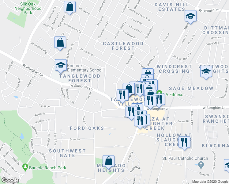 map of restaurants, bars, coffee shops, grocery stores, and more near 2404 West Slaughter Lane in Austin