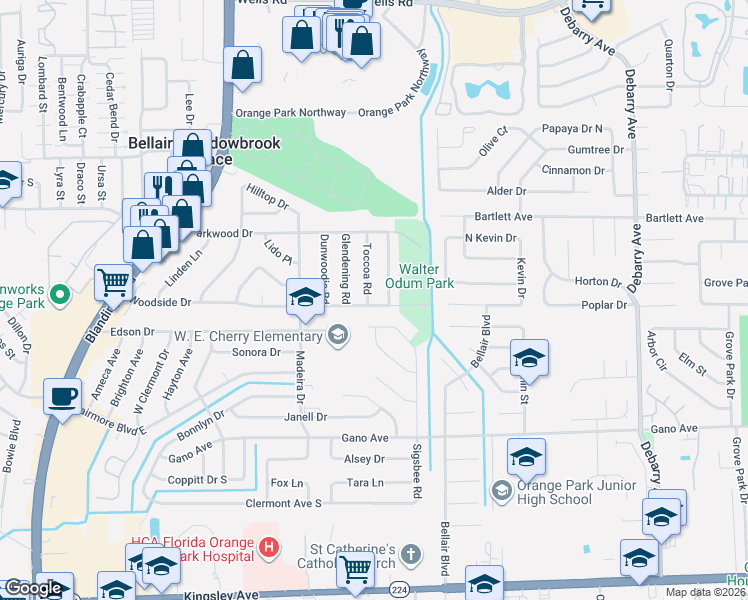 map of restaurants, bars, coffee shops, grocery stores, and more near 420 Woodside Drive in Orange Park