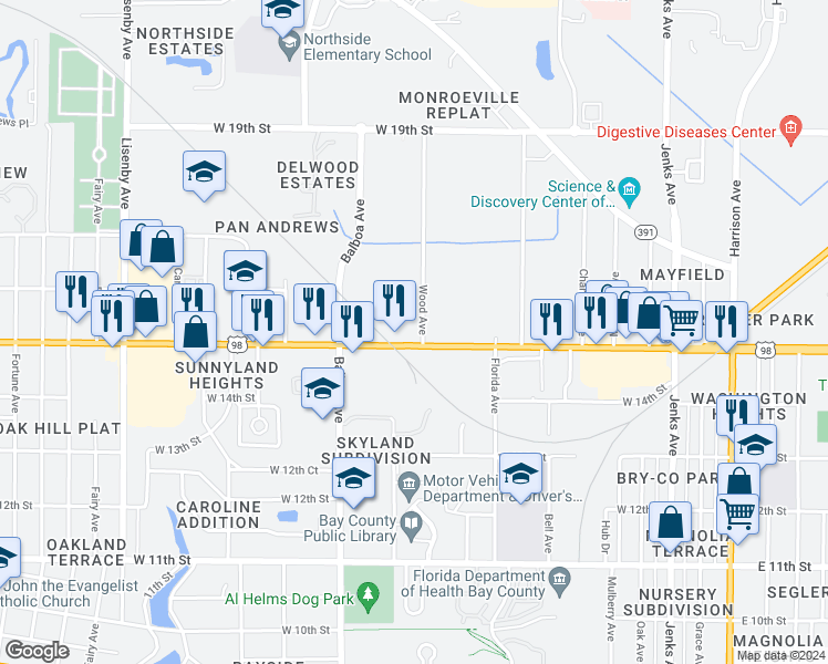 map of restaurants, bars, coffee shops, grocery stores, and more near 742 West 15th Street in Panama City