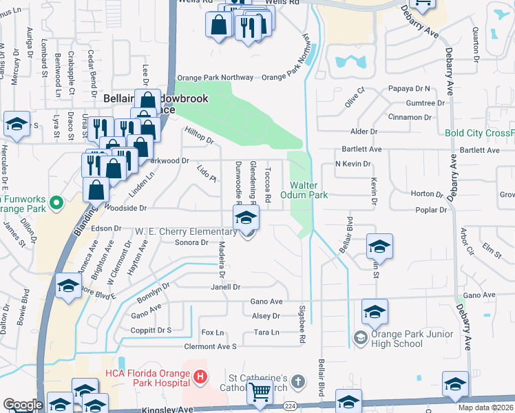 map of restaurants, bars, coffee shops, grocery stores, and more near 420 Woodside Drive in Orange Park