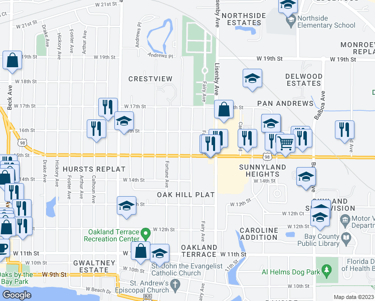 map of restaurants, bars, coffee shops, grocery stores, and more near 1610 West 15th Street in Panama City