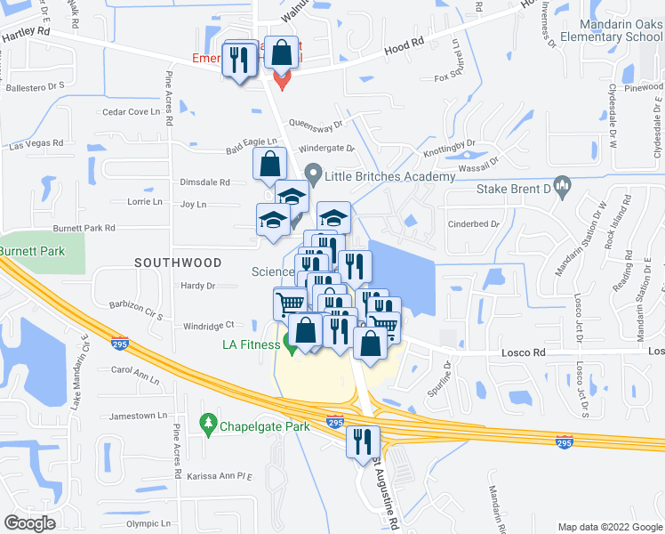 map of restaurants, bars, coffee shops, grocery stores, and more near 11002 Old Saint Augustine Road in Jacksonville