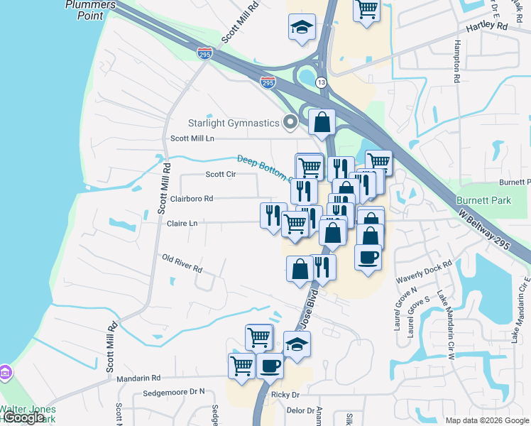 map of restaurants, bars, coffee shops, grocery stores, and more near 10952 Clairboro Road East in Jacksonville