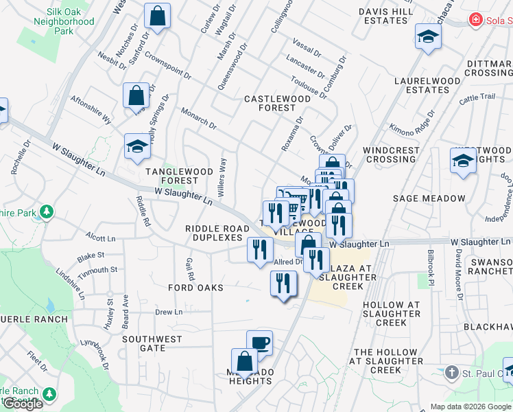 map of restaurants, bars, coffee shops, grocery stores, and more near 2404 West Slaughter Lane in Austin