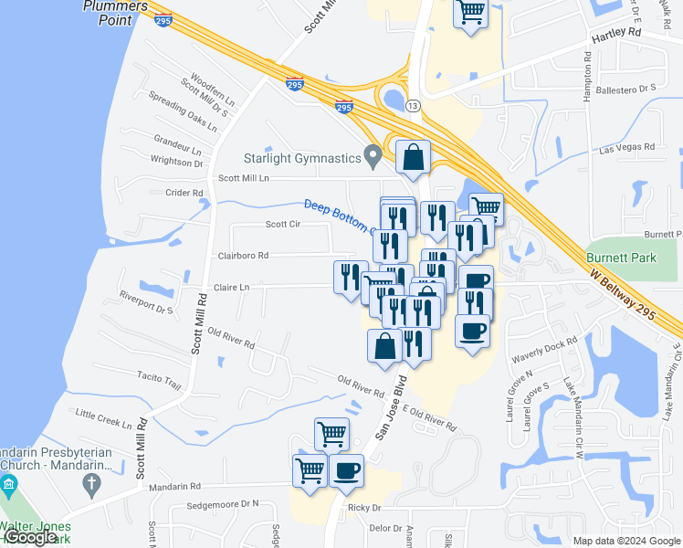 map of restaurants, bars, coffee shops, grocery stores, and more near 10952 Clairboro Road East in Jacksonville