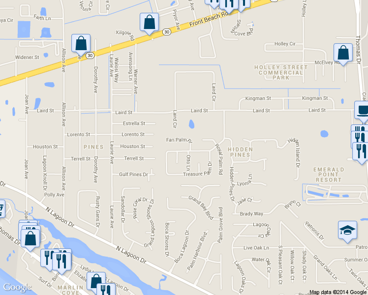map of restaurants, bars, coffee shops, grocery stores, and more near 175-187 Treasure Palm Drive in Panama City