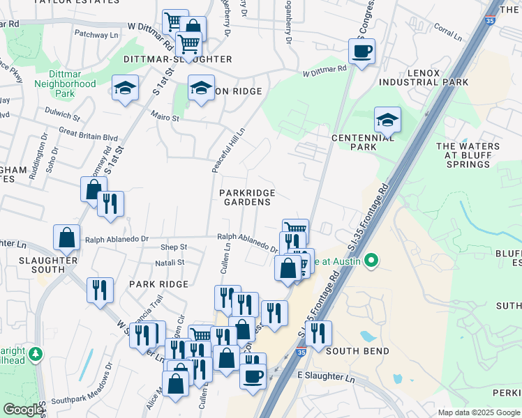 map of restaurants, bars, coffee shops, grocery stores, and more near 8409 Chick Pea Lane in Austin