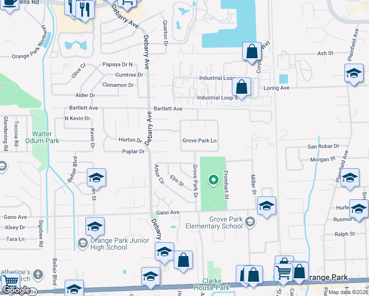 map of restaurants, bars, coffee shops, grocery stores, and more near 1110 Grove Park Drive North in Orange Park