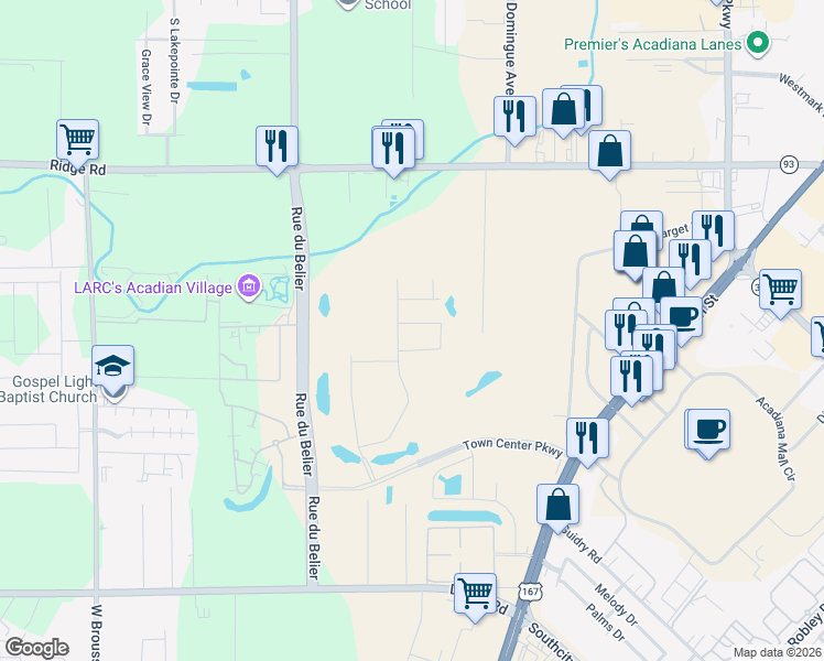 map of restaurants, bars, coffee shops, grocery stores, and more near 300 Town Center Parkway in Lafayette