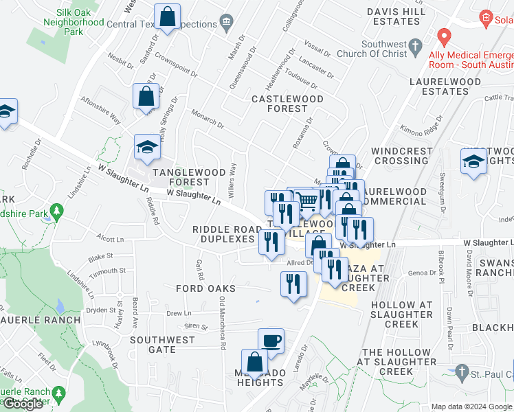 map of restaurants, bars, coffee shops, grocery stores, and more near 2404 West Slaughter Lane in Austin