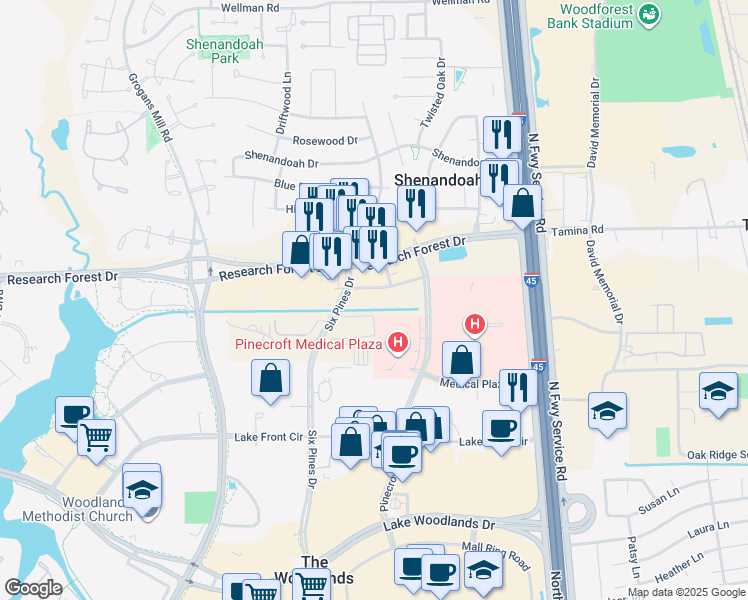 map of restaurants, bars, coffee shops, grocery stores, and more near 8850 Six Pines Dr in Shenandoah