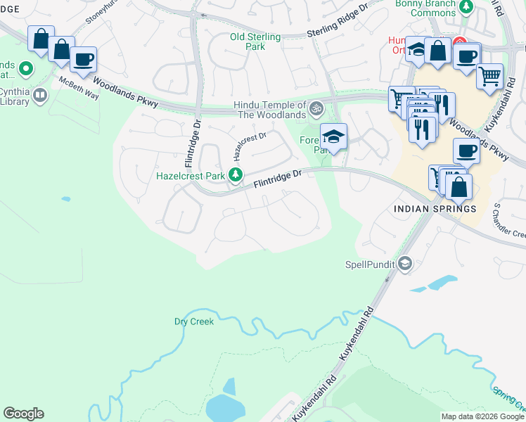 map of restaurants, bars, coffee shops, grocery stores, and more near 66 West Bracebridge Circle in Spring