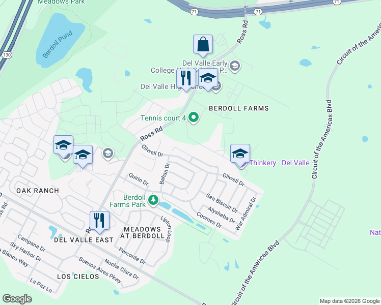 map of restaurants, bars, coffee shops, grocery stores, and more near 13128 Dearbonne Drive in Del Valle