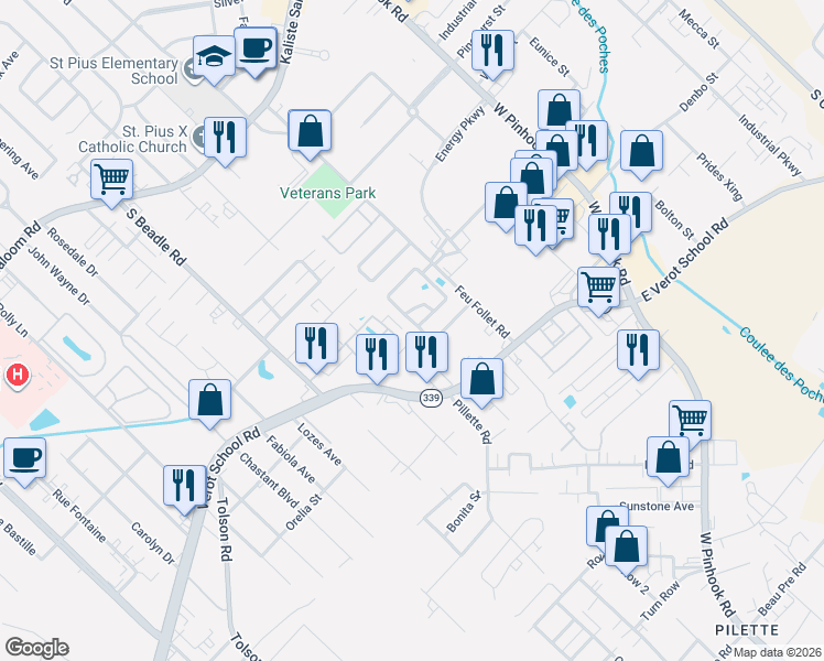 map of restaurants, bars, coffee shops, grocery stores, and more near 505 Harbor Bend Boulevard in Lafayette
