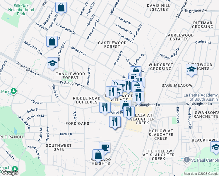 map of restaurants, bars, coffee shops, grocery stores, and more near 9901 Roxanna Drive in Austin
