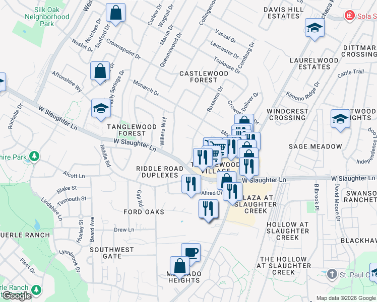 map of restaurants, bars, coffee shops, grocery stores, and more near 2404 West Slaughter Lane in Austin