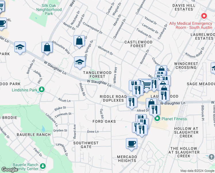 map of restaurants, bars, coffee shops, grocery stores, and more near 10000 Gail Road in Austin