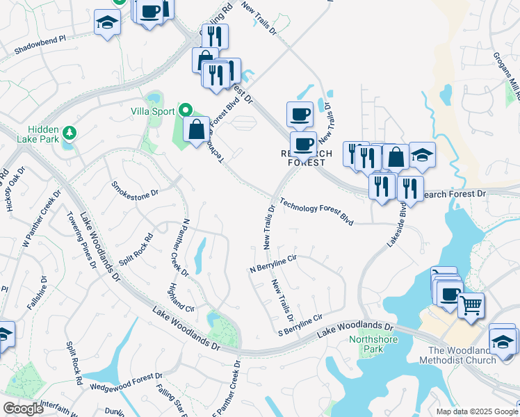 map of restaurants, bars, coffee shops, grocery stores, and more near 9303 New Trails Drive in The Woodlands