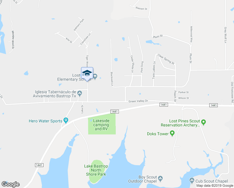map of restaurants, bars, coffee shops, grocery stores, and more near 120 Blackwell Lane in Bastrop