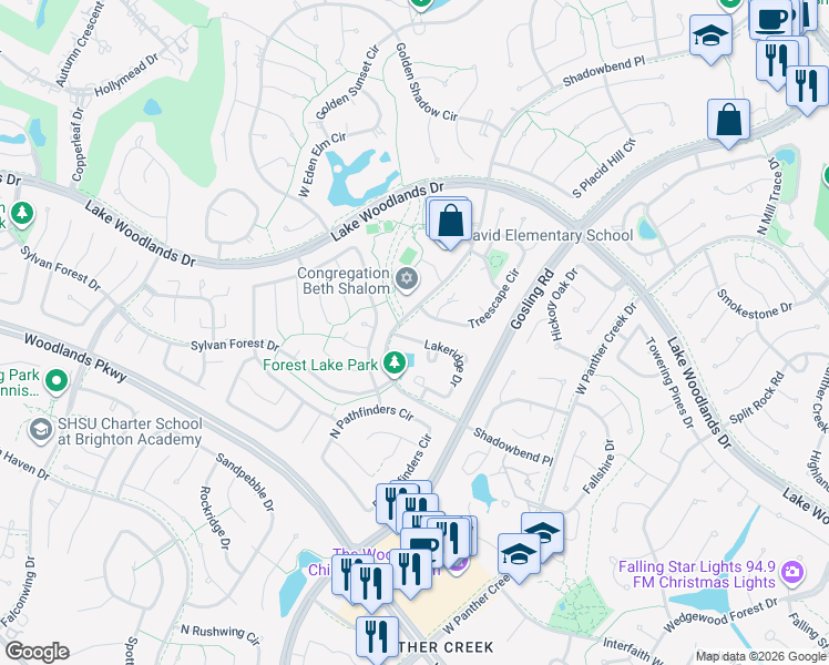 map of restaurants, bars, coffee shops, grocery stores, and more near 3 Lakeridge Drive in Spring