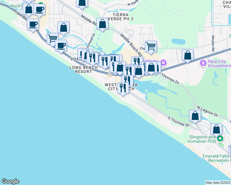 map of restaurants, bars, coffee shops, grocery stores, and more near 9900 South Thomas Drive in Panama City Beach