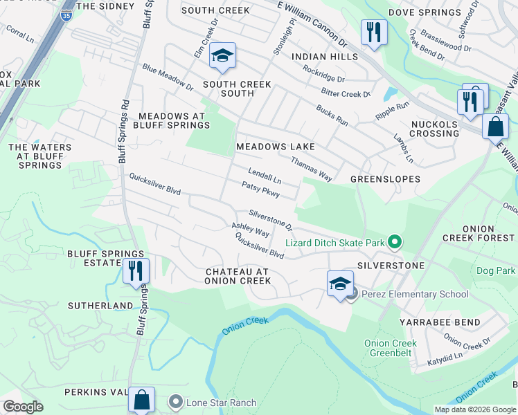 map of restaurants, bars, coffee shops, grocery stores, and more near 4418 Silverstone Drive in Austin