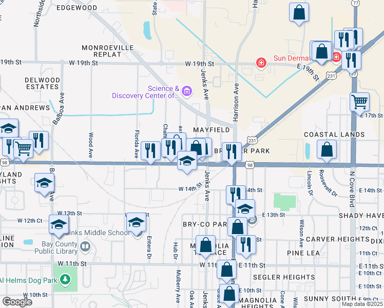 map of restaurants, bars, coffee shops, grocery stores, and more near 301 W 15th St in Panama City