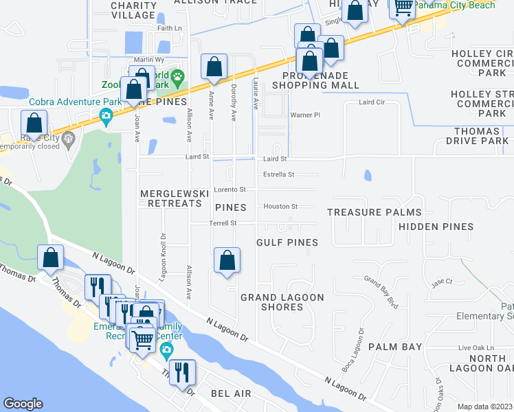 map of restaurants, bars, coffee shops, grocery stores, and more near 2514 Laurie Avenue in Panama City