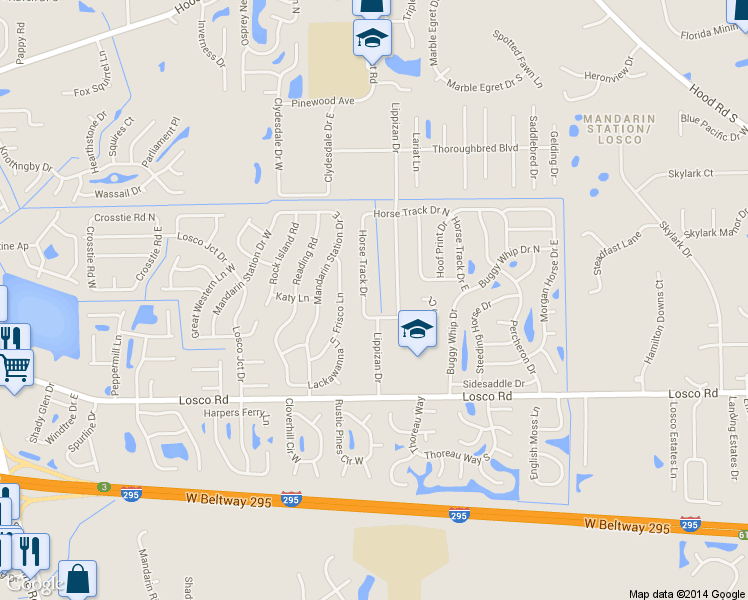 map of restaurants, bars, coffee shops, grocery stores, and more near 10937 Horse Track Drive in Jacksonville