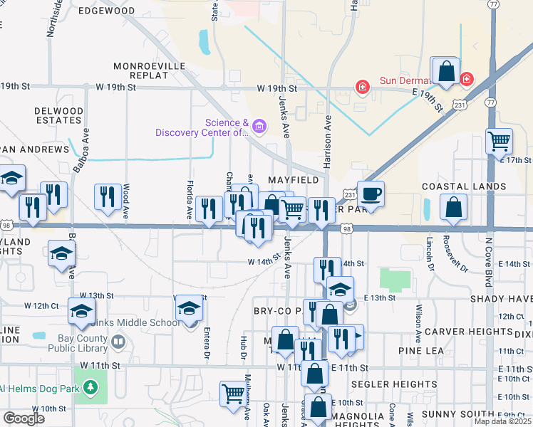 map of restaurants, bars, coffee shops, grocery stores, and more near 301 W 15th St in Panama City