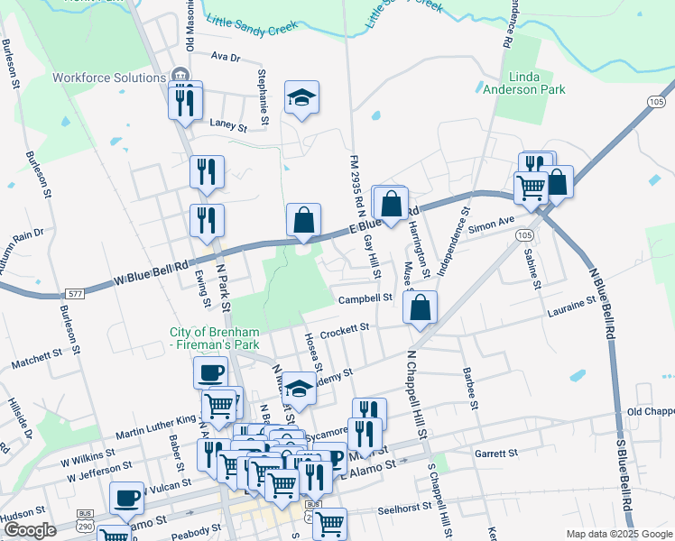 map of restaurants, bars, coffee shops, grocery stores, and more near 611 Matilda Street in Brenham