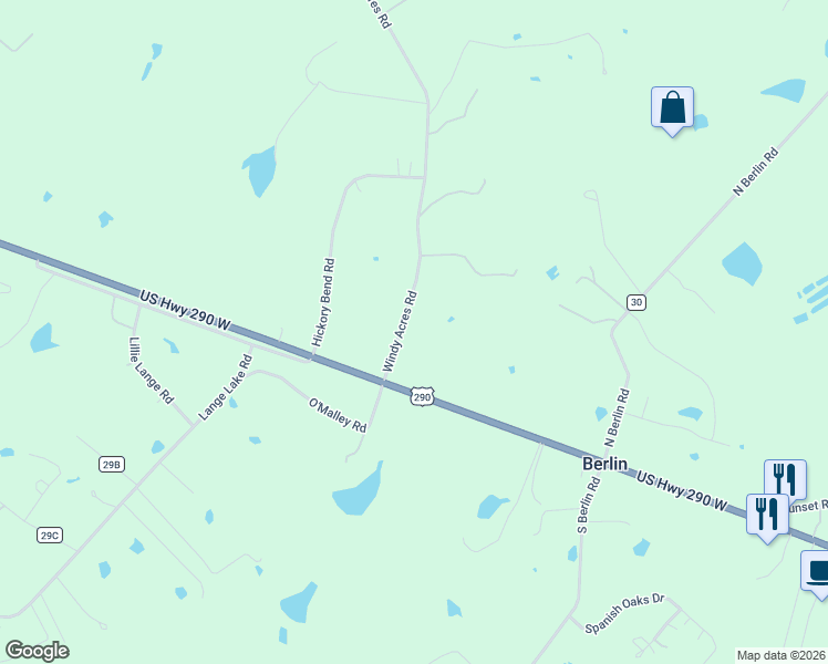map of restaurants, bars, coffee shops, grocery stores, and more near 88 Windy Acres Road in Brenham
