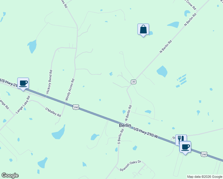 map of restaurants, bars, coffee shops, grocery stores, and more near 305 North Berlin Road in Brenham