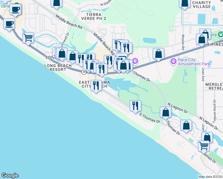 map of restaurants, bars, coffee shops, grocery stores, and more near 9850 South Thomas Drive in Panama City Beach